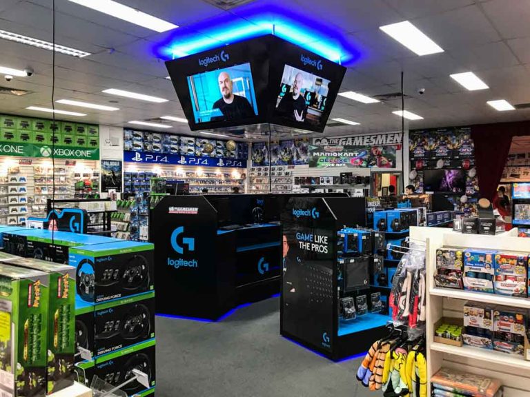 Custom-design-ceiling-screens-for-a-permanent-display-POS-for-video-game-retailer-in-Australia-for-Logitech-by-Genesis-Retail-Display-POP-Agency